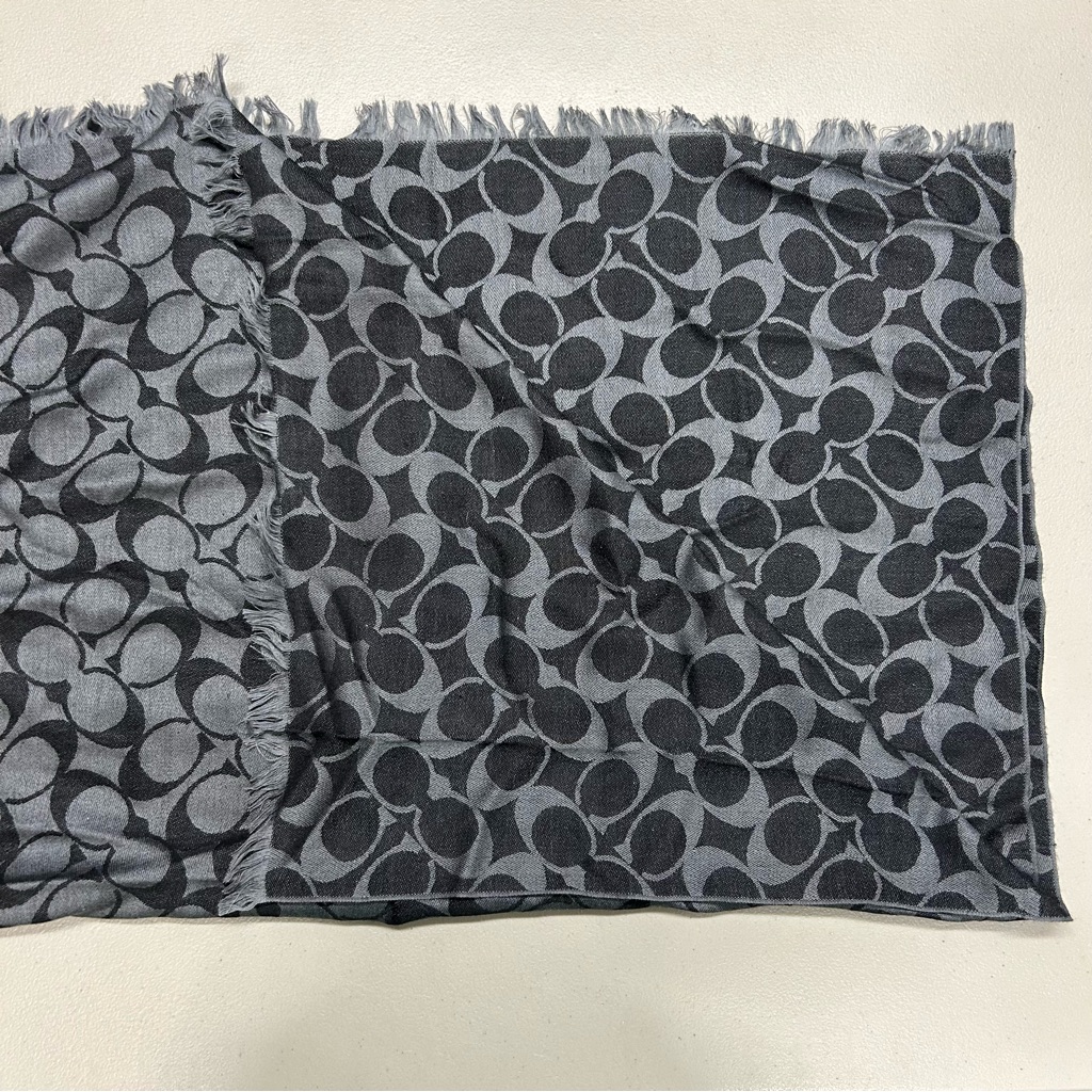 Coach Gray Black Logo Scarf Wool Silk Blend Frayed Ends Signature C